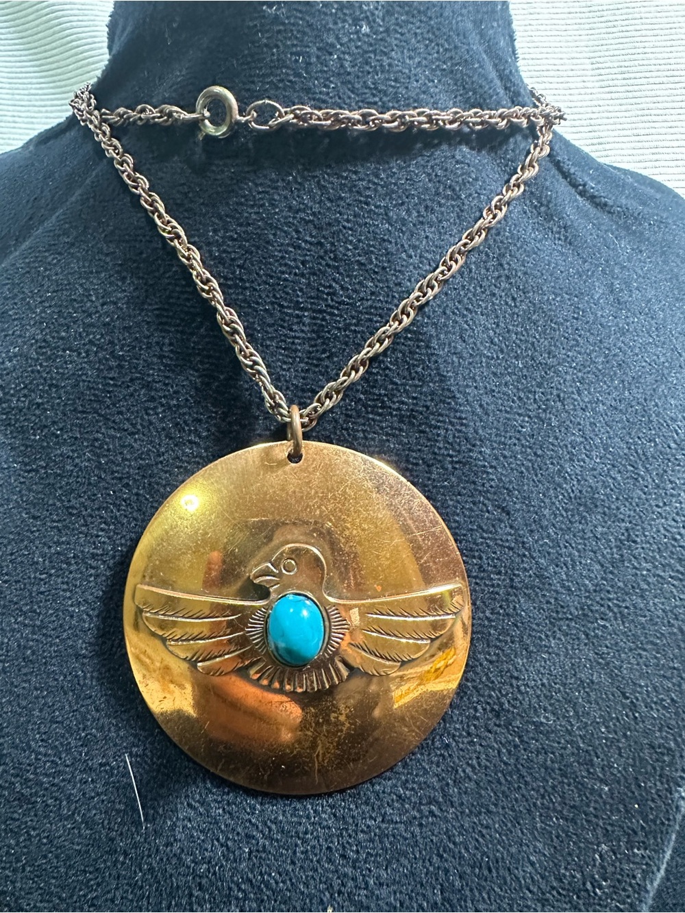 Vtg: Genuine Copper Turquoise Cabochon Eagle Pendant Necklace